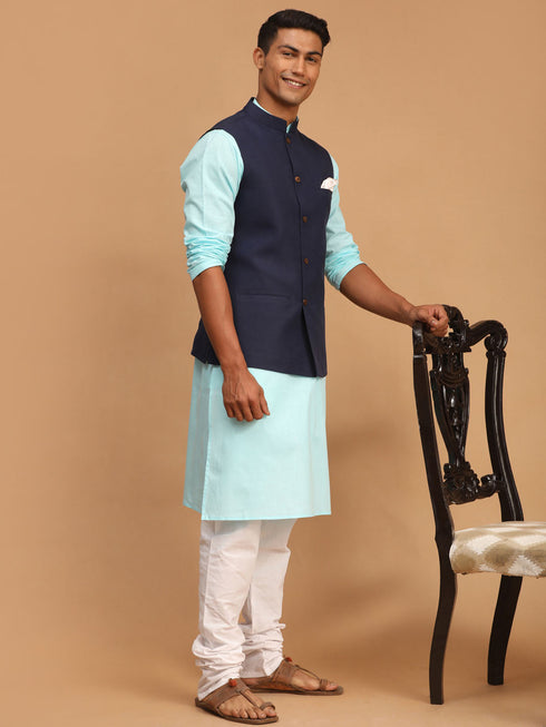 Vastramay Men's Navy Blue Solid Cotton Nehru Jacket With Aqua Blue Kurta And White Pyjama Set